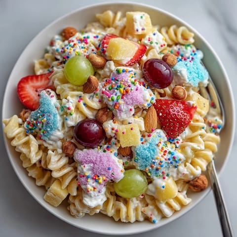 Tempting Rebel Float Cotton Candy Pasta Salad: This unique salad bursts with flavors of fresh fruit and sugary cotton candy.