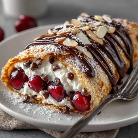 Close-up of a freshly made cherry chocolate drizzle dessert wrap showing the rich chocolate.