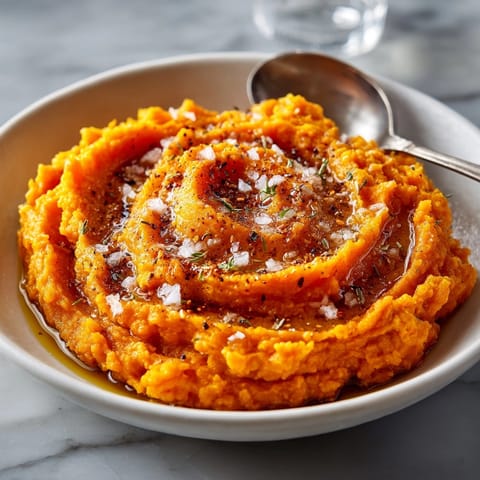 A close-up of a steaming bowl of creamy Brown Butter Mashed Sweet Potatoes, ready to eat.
