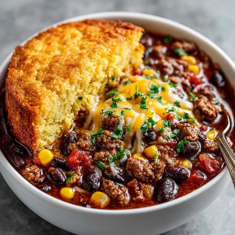 Savory taco soup with a fluffy cornbread topping; imagine the textures side-by-side.