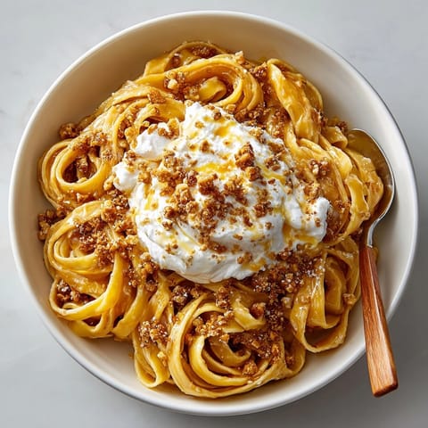 A bowl of Salted Caramel Pasta: creamy pasta ribbons beneath a crunchy, buttery pretzel topping, ready to eat.
