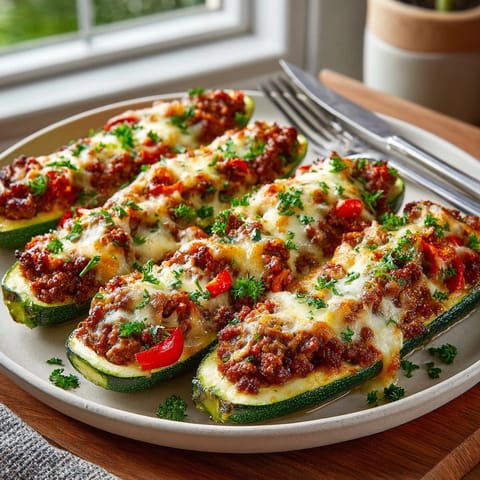 Cheesy Stuffed Cheese Zucchini Boats served warm on a white plate, garnished with basil.