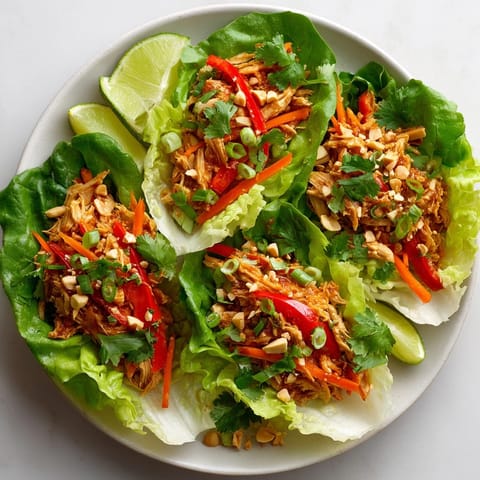 Spicy Thai Peanut Chicken Lettuce Cups served appetizer-style, topped with peanuts and cilantro