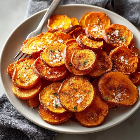 Close-up of crispy air fryer sweet potato chips, showcasing their crunchy texture and natural sweetness.
