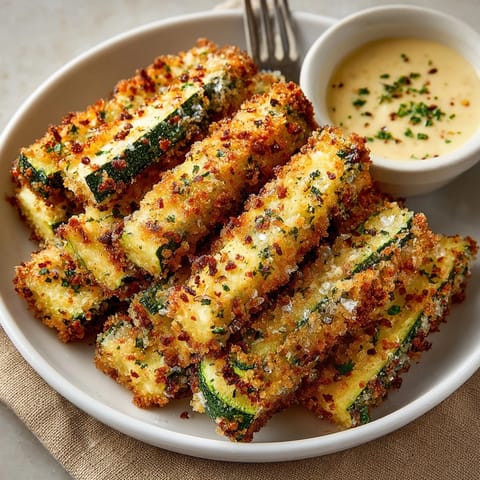 Close-up of air fryer zucchini fries with panko-Parmesan crust and marinara sauce.