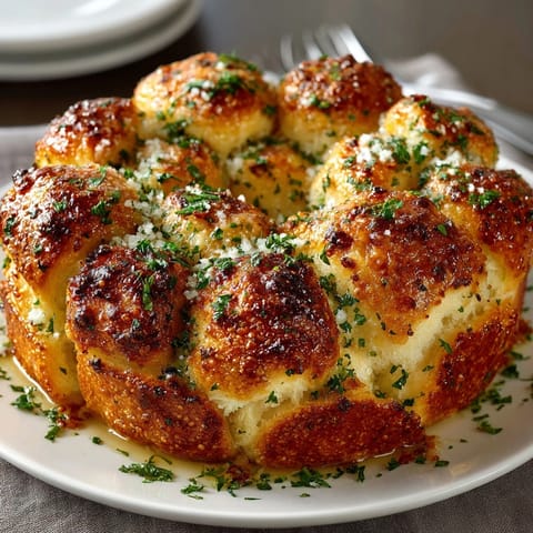 Buttery, savory Garlic Parmesan Pull-Apart Bread Wreath glistening; a beautiful bread centerpiece.