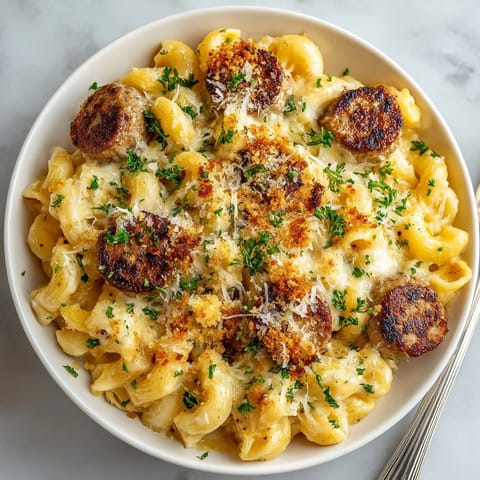 Close-up shows creamy, cheesy Bratwurst Mac &amp; Cheese with sausage slices, inviting and rich.