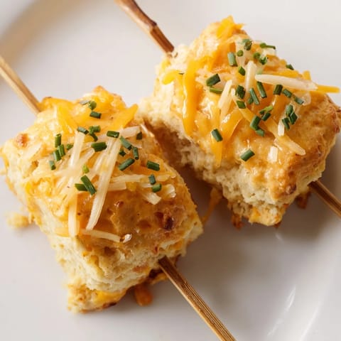 Cheesy biscuit skewers drizzled with zesty Buffalo ranch butter, perfect for dipping.  
