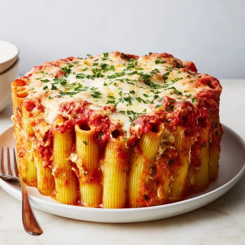 Gooey honeycomb pasta cake, bubbling with melted cheese, perfect for family gatherings.  