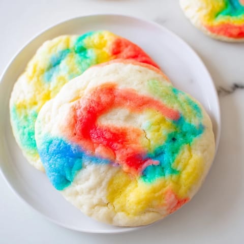 Fluffy rainbow cloud bread made with colorful gel food coloring, delightful and sweet.  