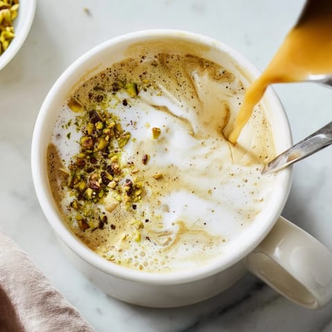 Warm, aromatic pistachio milk latte served with a hint of vanilla bliss.  
