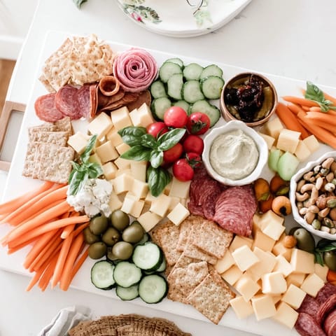Colorful charcuterie-style Girl Dinner Platter with fresh fruits, nuts, and savory cheeses.  