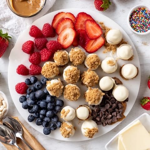 Colorful cheesecake bites served on a platter with fresh fruits and drizzled sauces.  