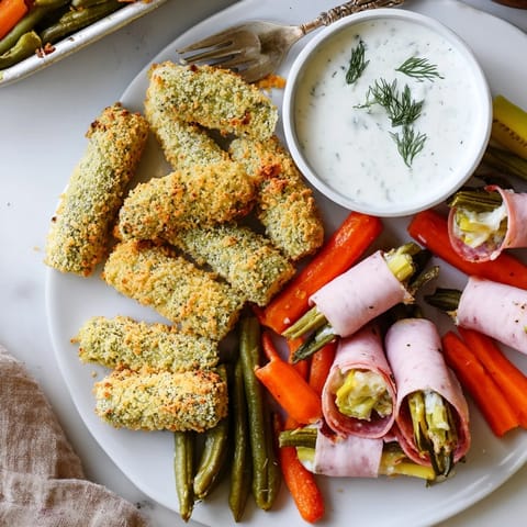 Delicious pickle lovers meal featuring crunchy fried pickles and cheesy rolled bites.  