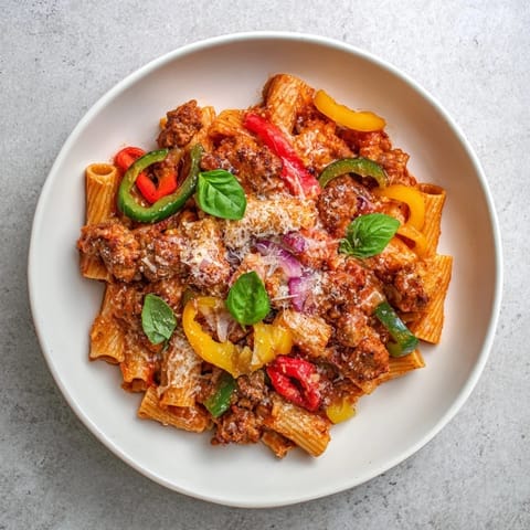 Delicious Baked Rigatoni with Sausage & Peppers, featuring rich tomato sauce and colorful veggies.  