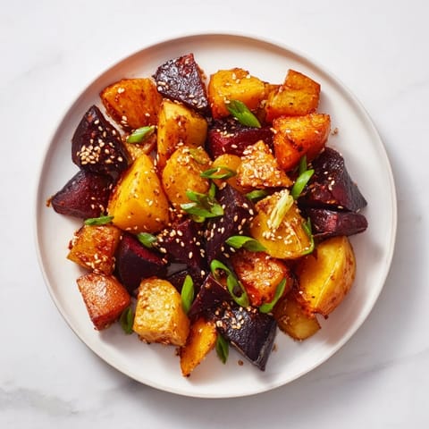 Vibrant image of glazed Miso Roasted Winter Vegetables, ready to be served as a healthy, flavorful bite.