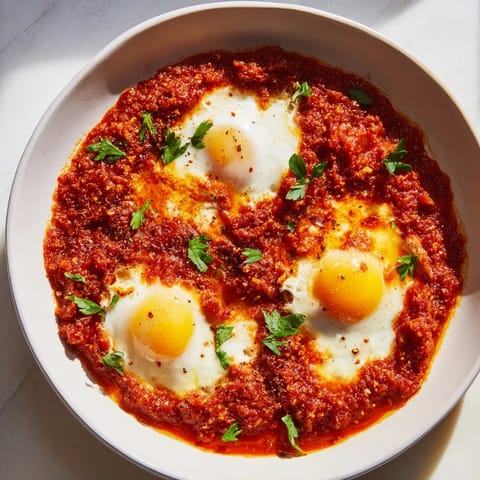 This image showcases bubbling, spiced Savoury Baked Eggs in Tomato Sauce, ready to be scooped up with crusty bread.