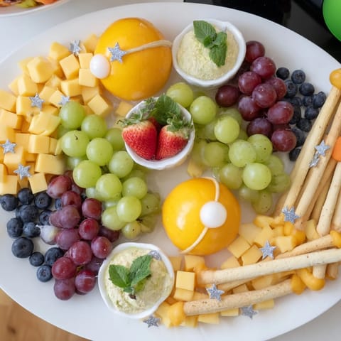 Delicious Comet & Planet Grazing Tray with colorful fruits and cheeses, perfect for a party.