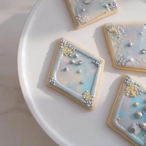 Close-up of the Engagement Ring Diamond Dessert Tray: diamond cookies with edible pearls, a sweet, elegant presentation.