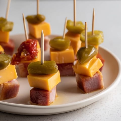 These Savory Skewers display a beautiful array of ham, cheddar, and pickle bites ready to enjoy.