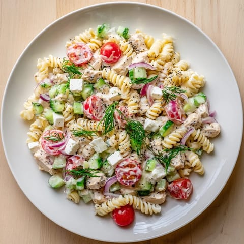 This Everything Bagel Chicken Pasta Salad shows tender chicken and colorful vegetables mixed with pasta and dressing.