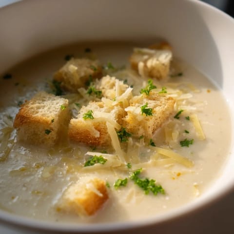 Velvety smooth Creamy Garlic Bread Soup, a comfort food classic, ready for a cozy dinner.
