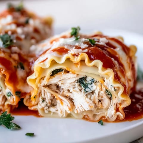 Tightly rolled pasta sheets filled with creamy ricotta, tender chicken, and wilted spinach, smothered in rich marinara sauce.