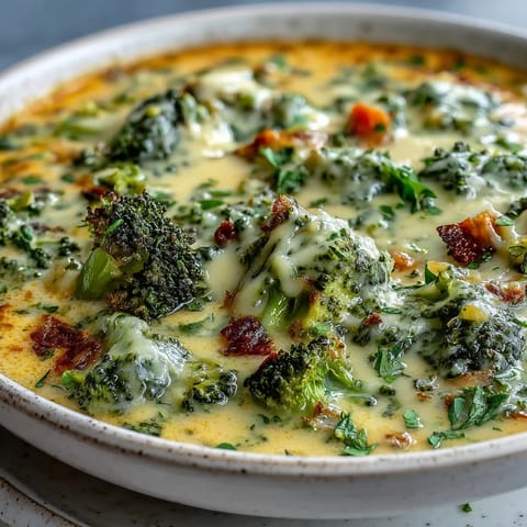 A close-up view of Roasted Broccoli Cheddar Soup in a rustic bowl, topped with extra cheese and fresh herbs.