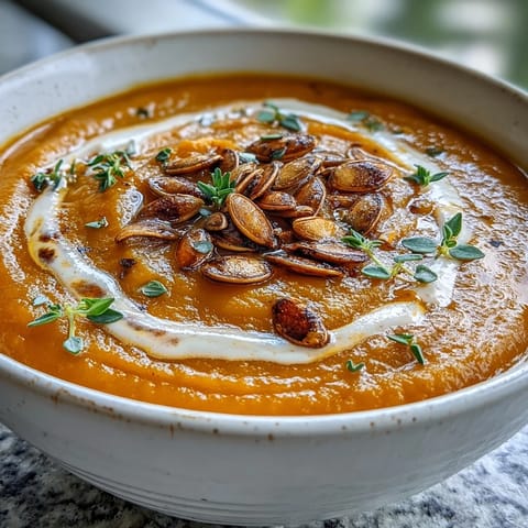 Creamy orange Easy Roasted Butternut Squash Soup in a rustic bowl with toasted pumpkin seeds on top.