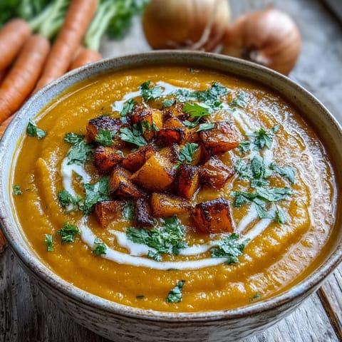 Butternut Squash and Lentil Soup in a rustic bowl with a swirl of coconut cream and fresh cilantro.