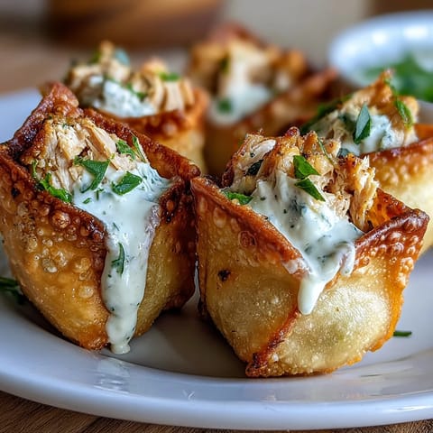 Golden-brown Mini Chicken Chimis with Jalapeño Cream Cheese sit on a white plate next to a small bowl of green enchilada sauce for dipping.