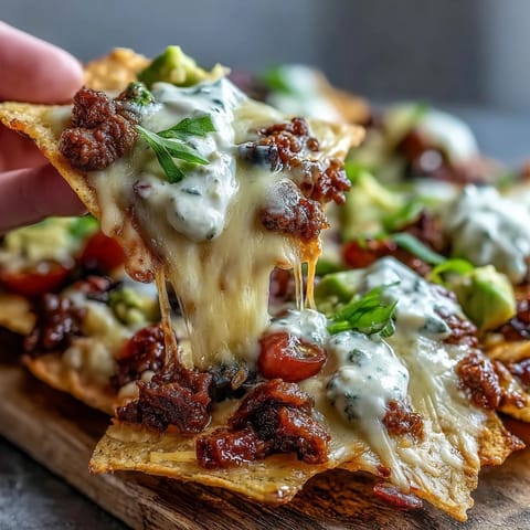 A close-up of crispy tortilla chips loaded with savory ground beef, beans, olives, and a vibrant mix of fresh cilantro and avocado.