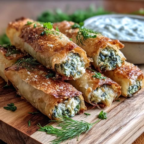 Golden-brown Spanakopita Spring Rolls are arranged on a white plate, their crispy exterior crackling slightly as steam rises from the savory spinach and feta filling inside.