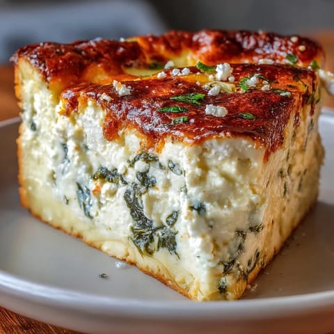 Sliced portion of High Protein Spinach Artichoke Bake reveals fluffy egg and cottage cheese texture, dotted with artichokes and spinach on a rustic plate.
