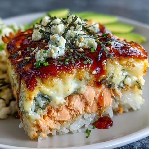 Golden-brown Spicy Salmon Sushi Bake coming out of the oven, featuring creamy sriracha salmon layers and fluffy seasoned rice.
