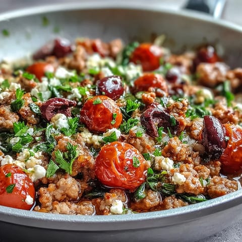 Fragrant Mediterranean Keto Ground Chicken Skillet with olives and feta served hot over cauliflower rice.
