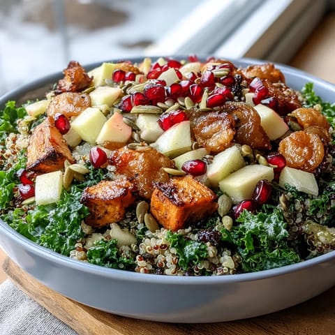 Ready-to-eat Kale Harvest Grain Bowl served in a white bowl with a tangy apple cider vinaigrette drizzle.