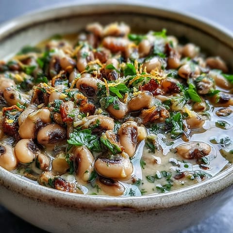 Creamy mashed Smashed Black-Eyed Peas dip garnished with fresh parsley and lemon zest in a rustic bowl.
