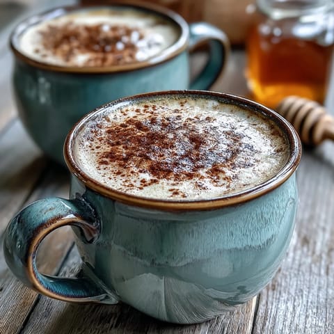 Steaming Hot Hojicha Latte in a rustic mug, its frothy, caramel-brown surface topped with a light sprinkle of roasted tea powder.