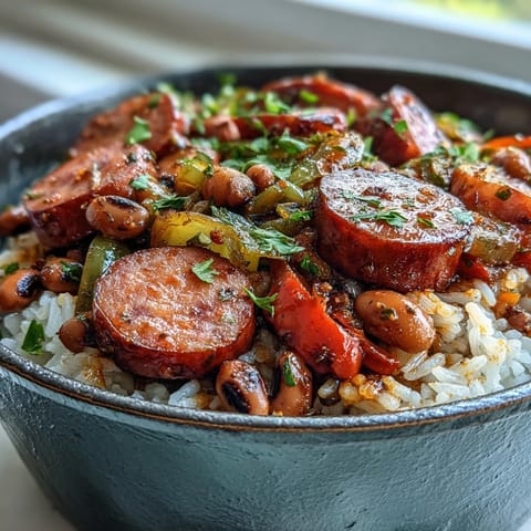 A steaming pot of Black-Eyed Pea Jambalaya with smoked sausage and vegetables on a wooden table.