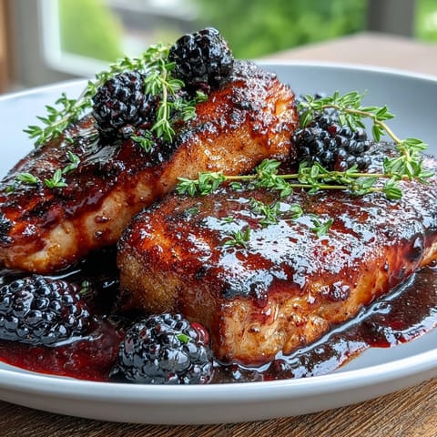 Pan-seared Bourbon Blackberry Pork Chops with a glossy, deep purple glaze and fresh thyme garnish.