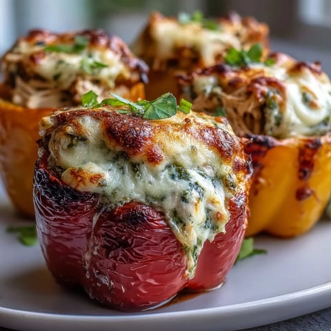Golden Pesto Chicken Stuffed Sweet Peppers arranged on a platter, garnished with fresh basil leaves and ready to serve as a party appetizer.