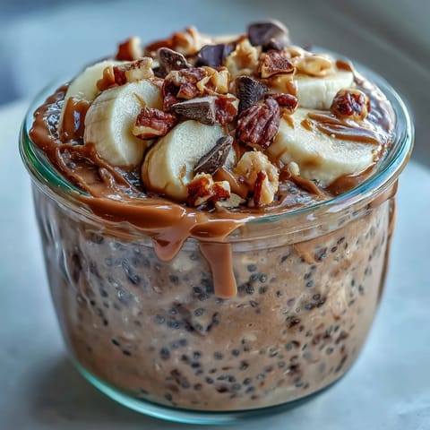 Chunky Monkey Overnight Chia Pudding layered with ripe banana slices and a drizzle of creamy peanut butter, ready to eat.