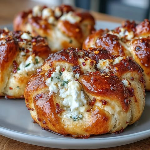 Golden-brown Hot Honey Ricotta Stuffed Garlic Knots brushed with garlic butter and drizzled with spicy honey.