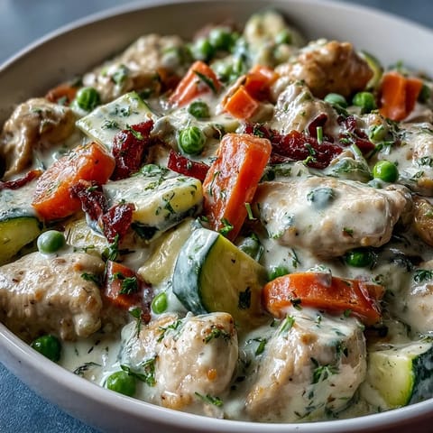 A hearty serving of Creamy Ranch Turkey & Veggie Skillet ladled over pasta, garnished with fresh parsley for a family dinner.