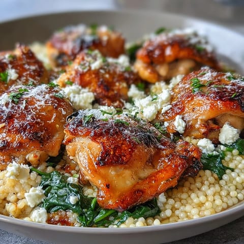 Creamy Greek Chicken & Pearl Couscous Bake served bubbly from the oven with golden feta and fresh herbs.