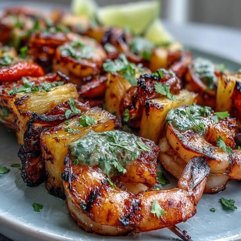 The skewers show charred pineapple chunks and pink shrimp brushed with a glossy cilantro-lime glaze.