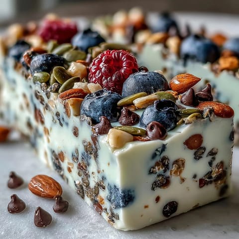 Creamy Greek yogurt base topped with vibrant berries, chia, pumpkin seeds, and almonds in this easy, high-protein frozen breakfast bark.