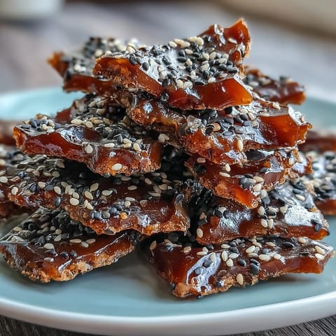 Crunchy black sesame brittle with glossy caramel and toasted seeds, perfect for dessert or snacking.  