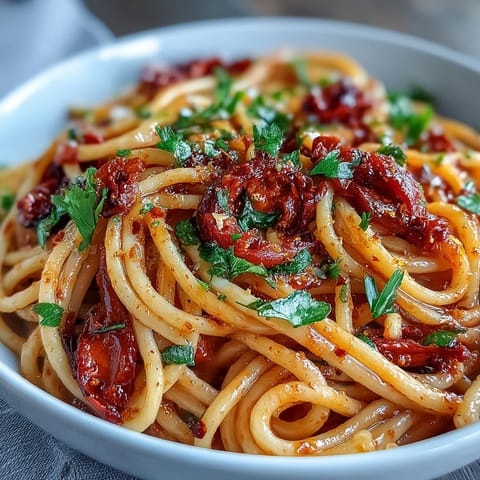 Vibrant bowl of spicy Calabatini pasta tossed in Calabrian chili oil with anchovy, garlic, and fresh parsley
